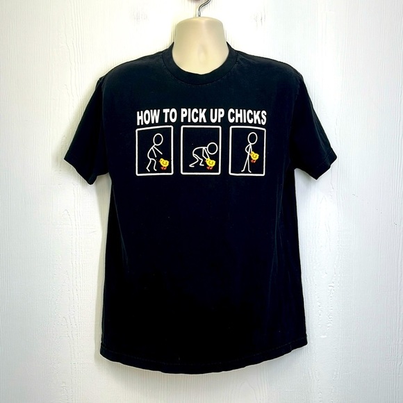 ALSTYLE -Funny How To Pick Up Chicks Stick Figure Graphic Short Sleeve T Shirt L - Picture 1 of 8